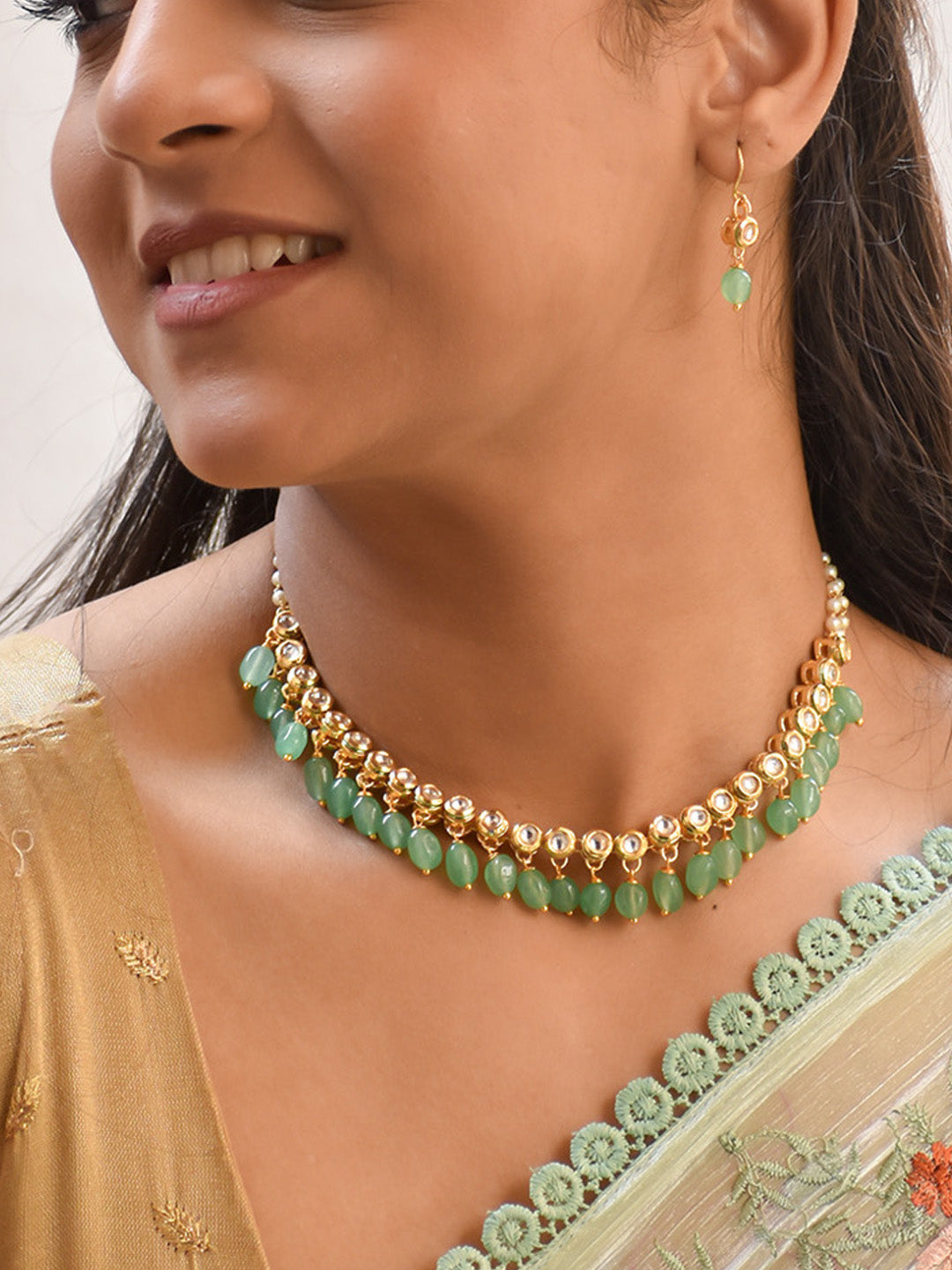 Premium Handcrafted Rajwadi Style Kundan Necklace Set with Emerald Green Onyx Beads & Pearl Accents