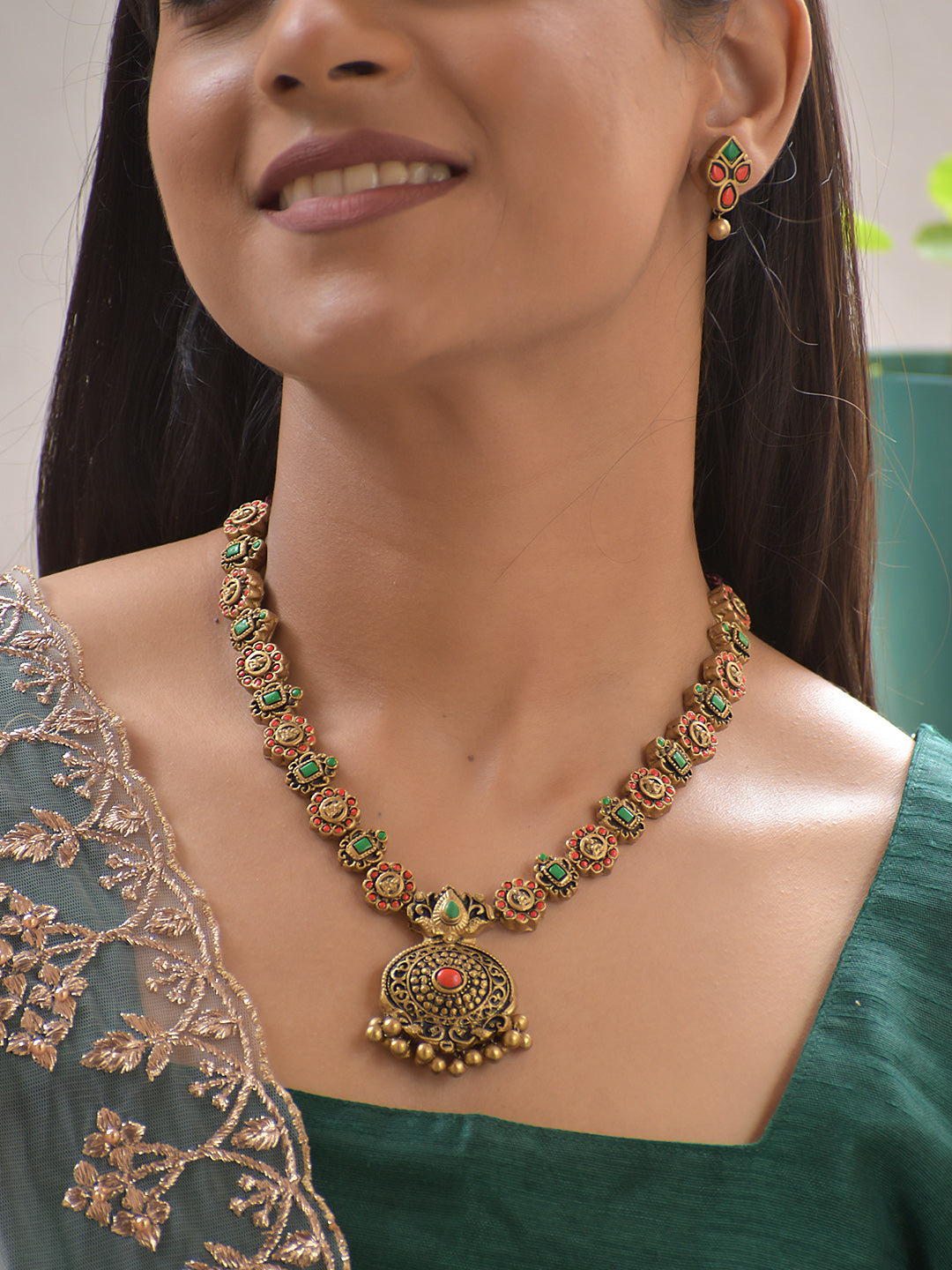 Terracotta Coin Motif Necklace with Green & Red Pendant