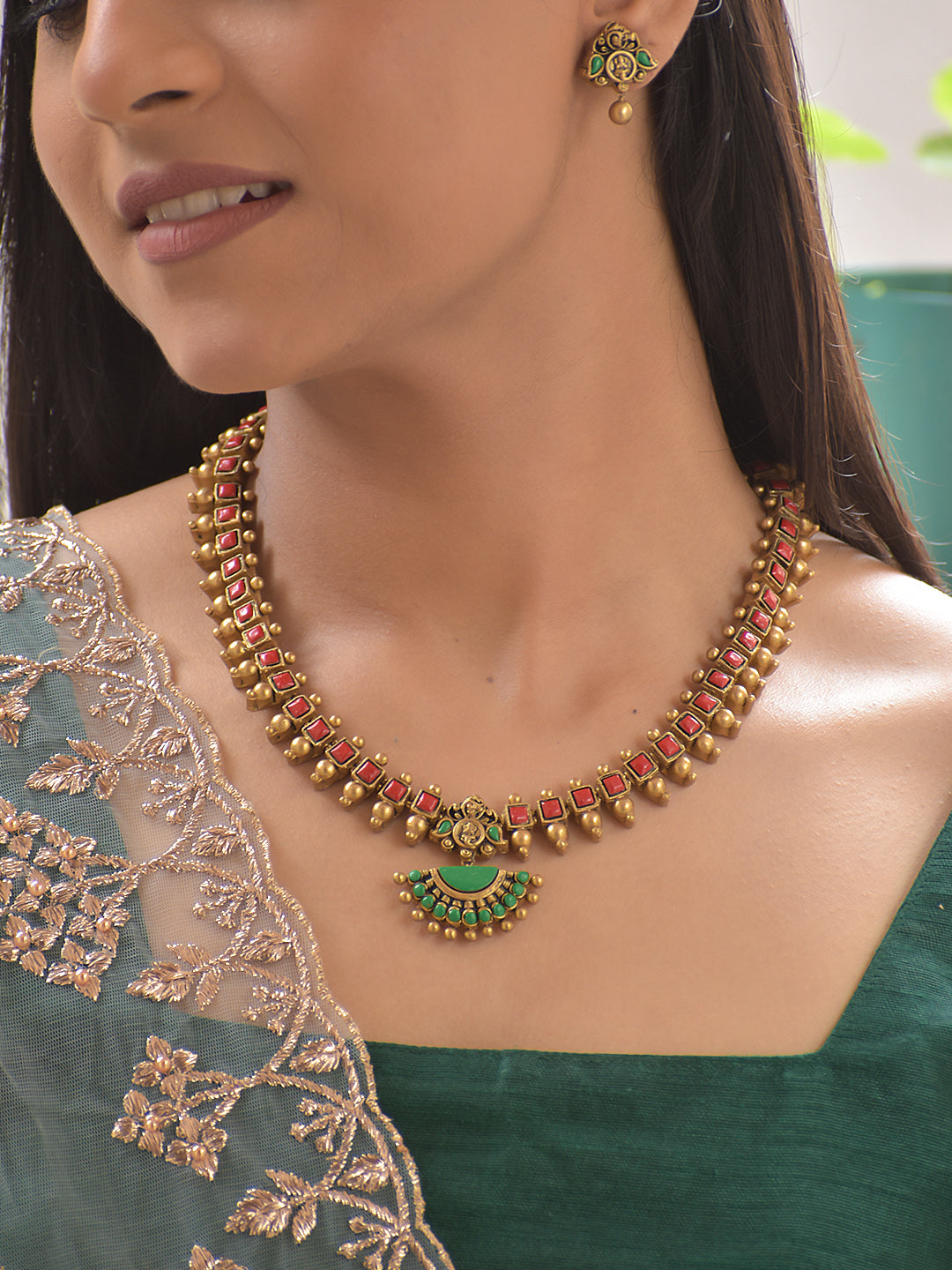 Terracotta Red Square Bead Necklace with Green Pendant