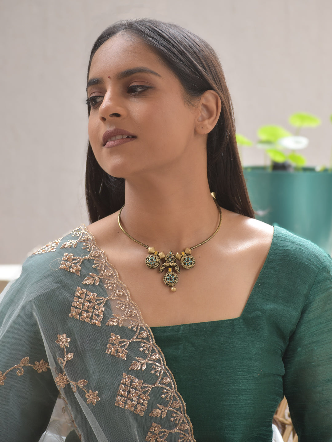 Terracotta Antique Gold Collar Necklace Set with Turquoise Stone Design Motifs