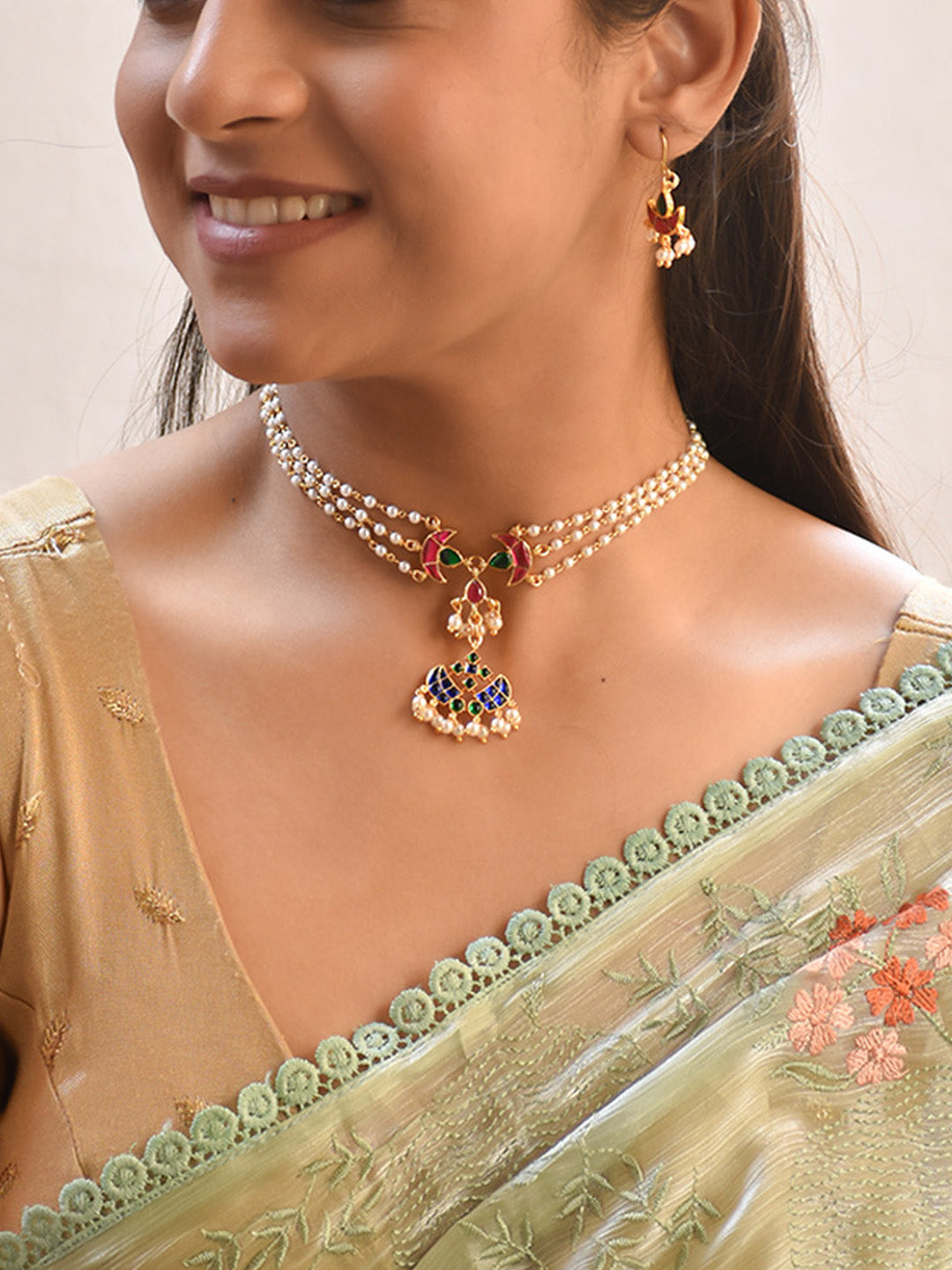 Premium Celebrity Styles - Elegant Multi-Layer Pearl Necklace Set with Crescent Motifs & Enamel Detailing Finish