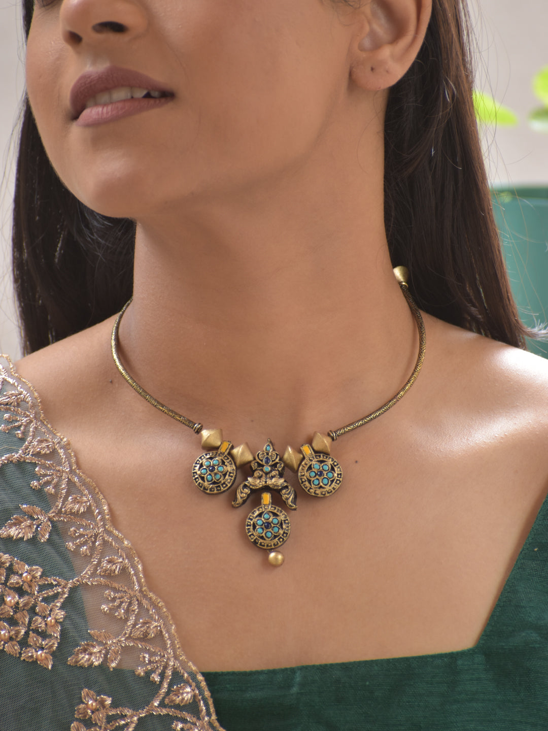 Terracotta Antique Gold Collar Necklace Set with Turquoise Stone Design Motifs