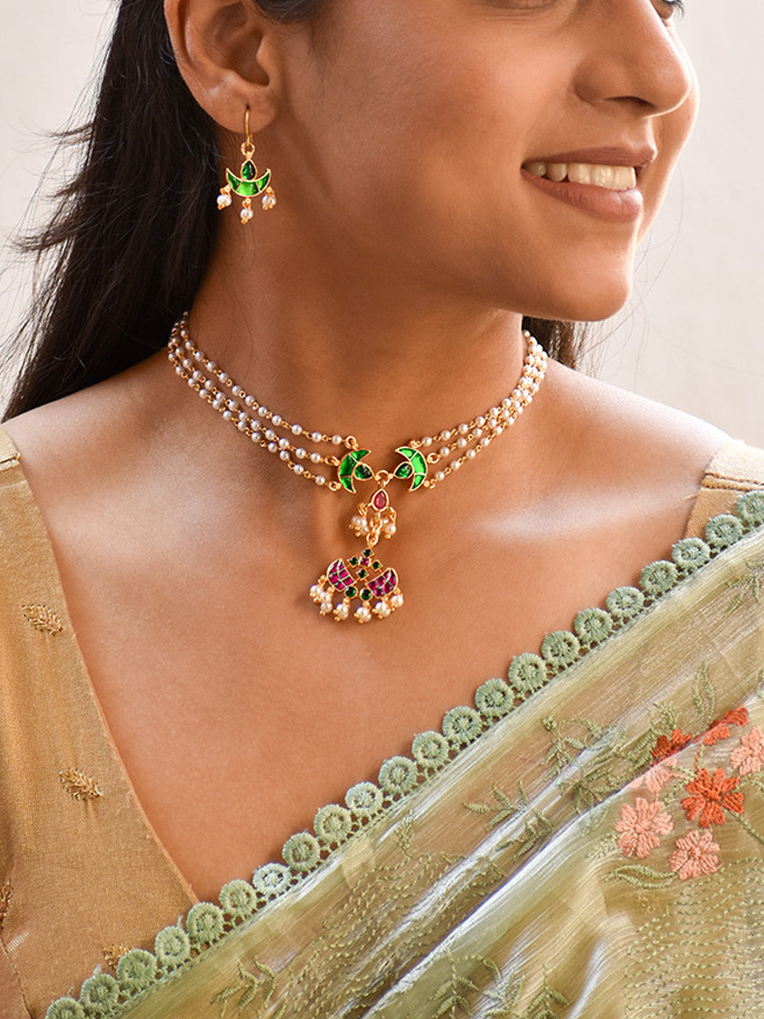 Premium Handcrafted Triple-Strand Pearls Necklace Set with Green & Pink Lotus Motifs Enamel work