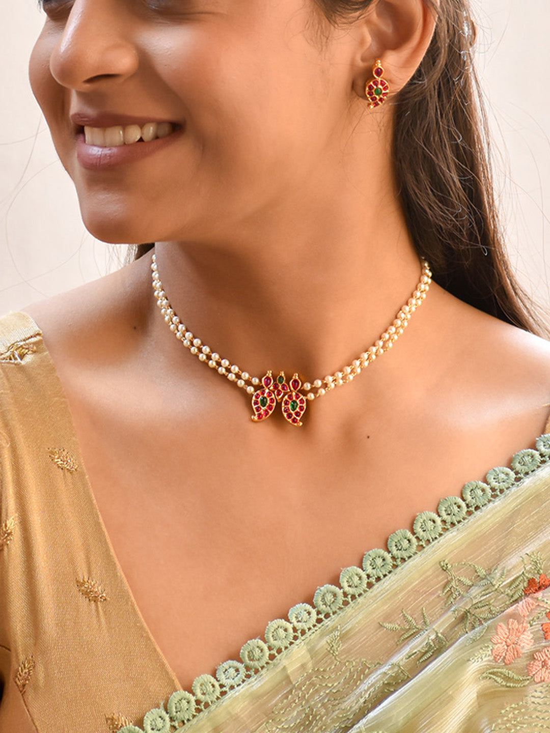 Premium Handcrafted Dual Layer Pearls Necklace Set in Ruby & Emerald Kemp stones Detailing