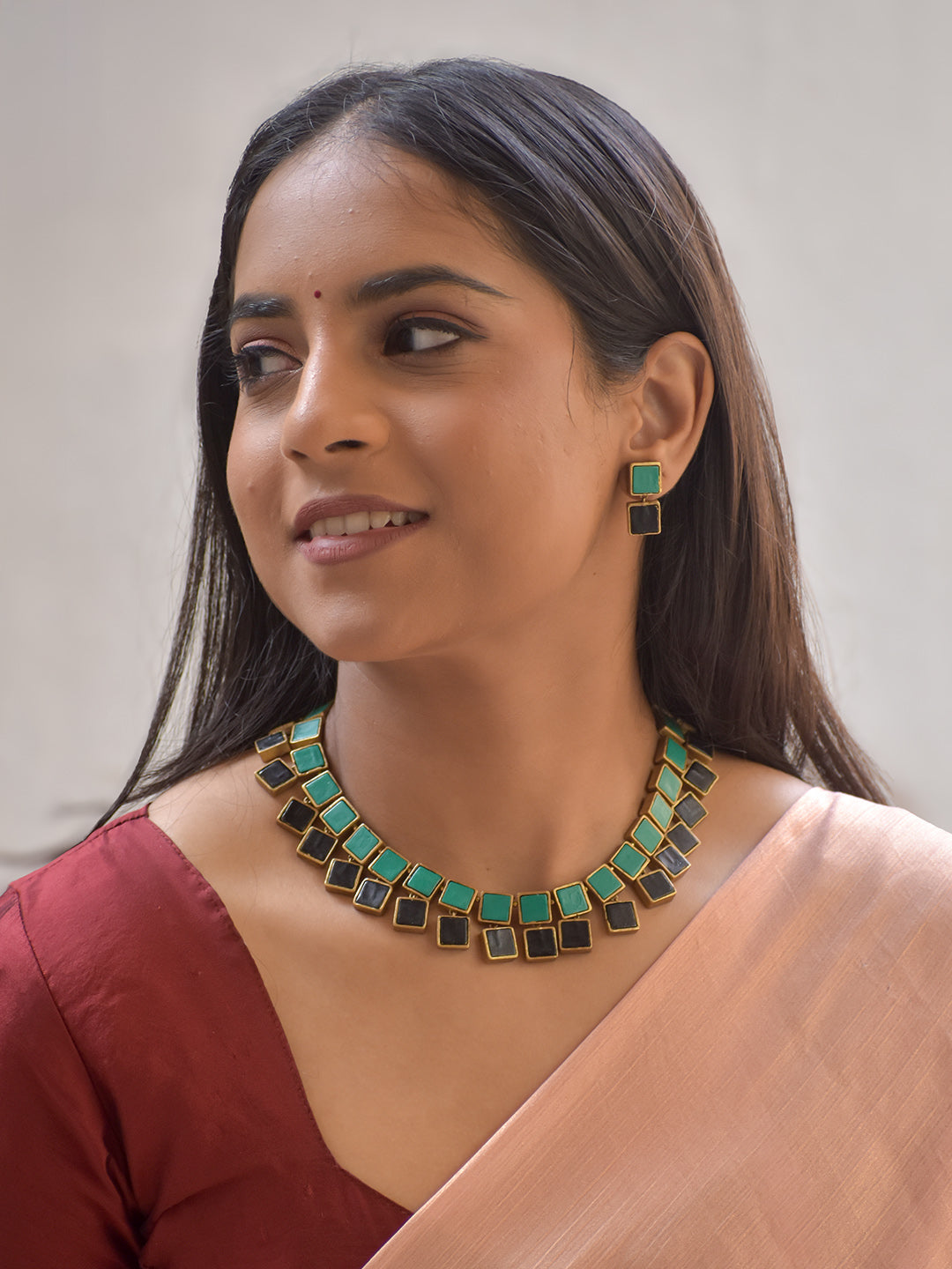 Trilok – Handmade Terracotta Square-Tile Necklace Set in Green–Black Dual Tones with Minimalist Stud Earrings