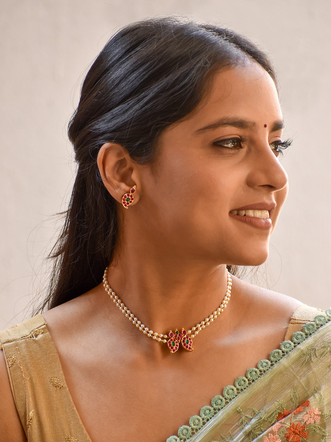 Premium Handcrafted Dual Layer Pearls Necklace Set in Ruby & Emerald Kemp stones Detailing