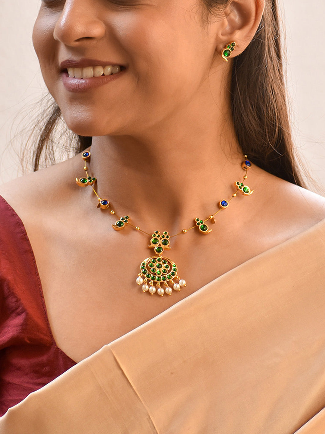 Premium Handcrafted Kemp Mango Necklace Set in Green & Blue Kemp stones with Pearl Drops
