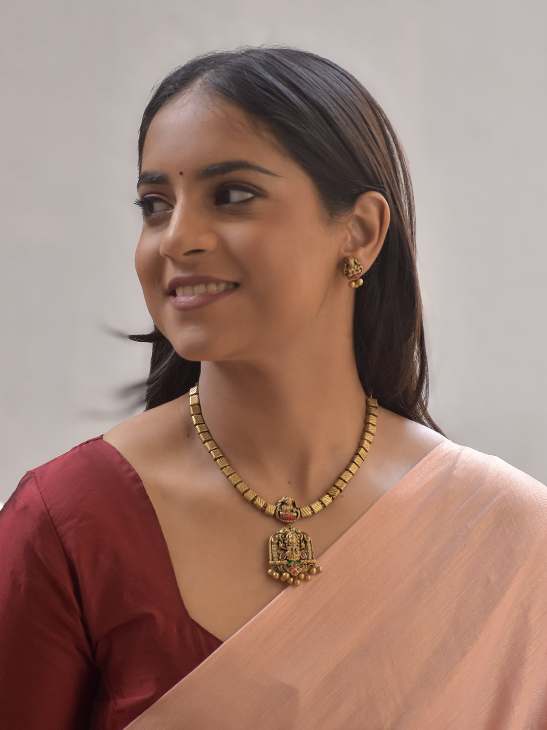 Shringara – Terracotta Temple Pendant Necklace Set with Antique Gold Blocks and Miniature Goddess Motifs