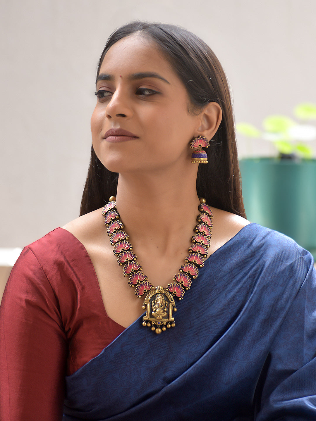 Terracotta Antique Gold Lotus Necklace Set with Ganesha Pendant