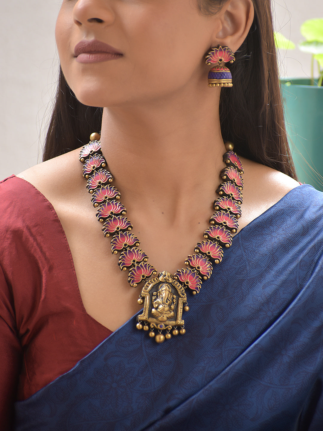 Terracotta Antique Gold Lotus Necklace Set with Ganesha Pendant