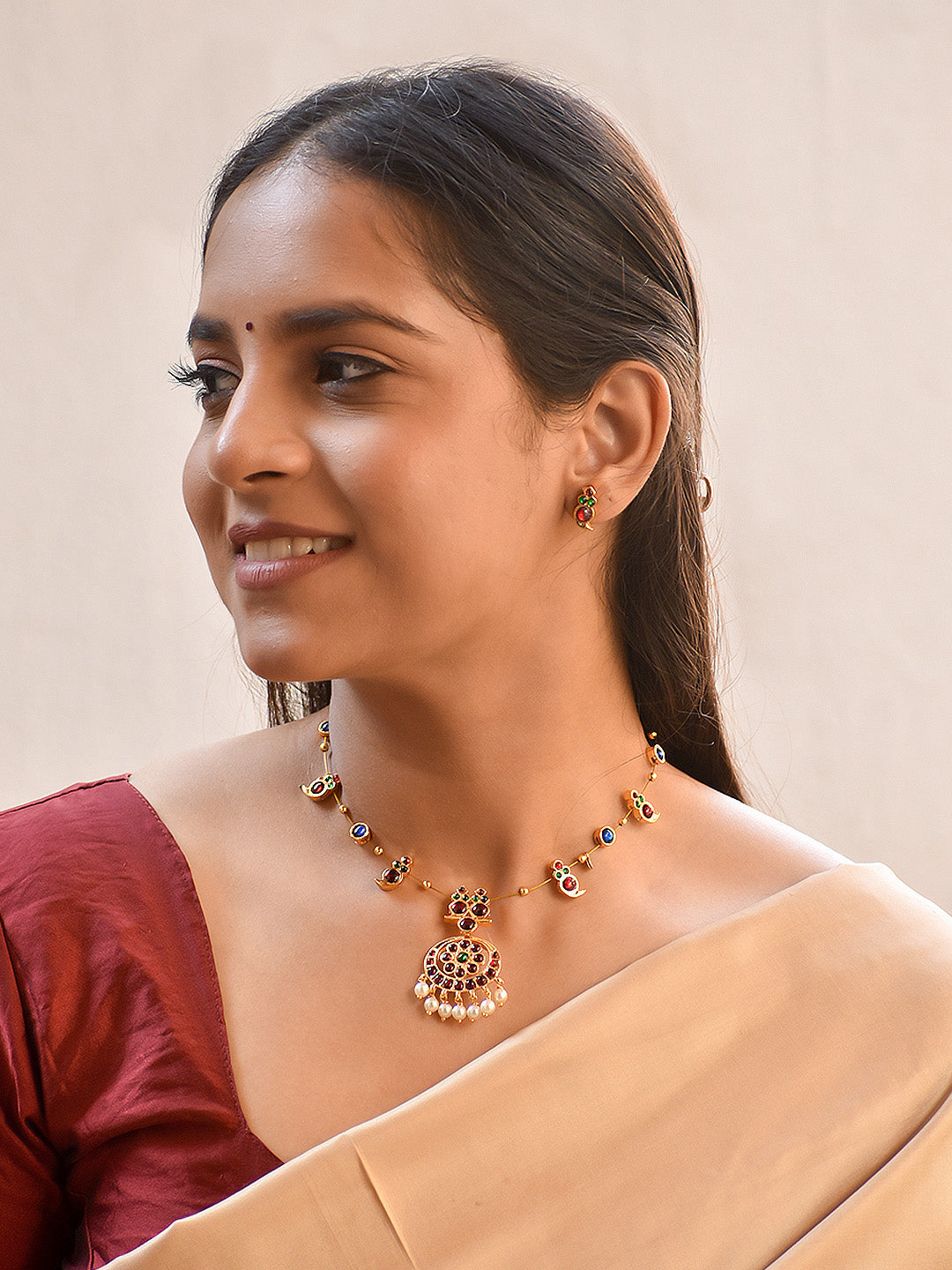 Symphonia - Premium Handcrafted Kemp Mango Motifs Necklace Set in Multicolor stones - Ruby, Green & Sapphire Blue Stones