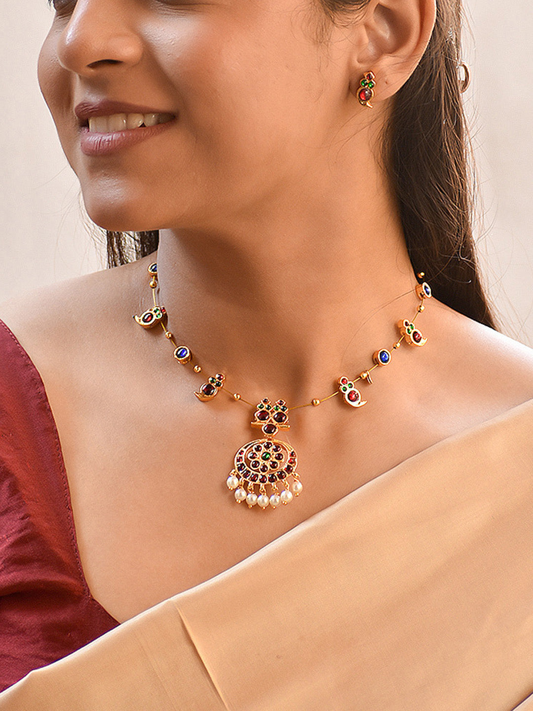 Symphonia - Premium Handcrafted Kemp Mango Motifs Necklace Set in Multicolor stones - Ruby, Green & Sapphire Blue Stones