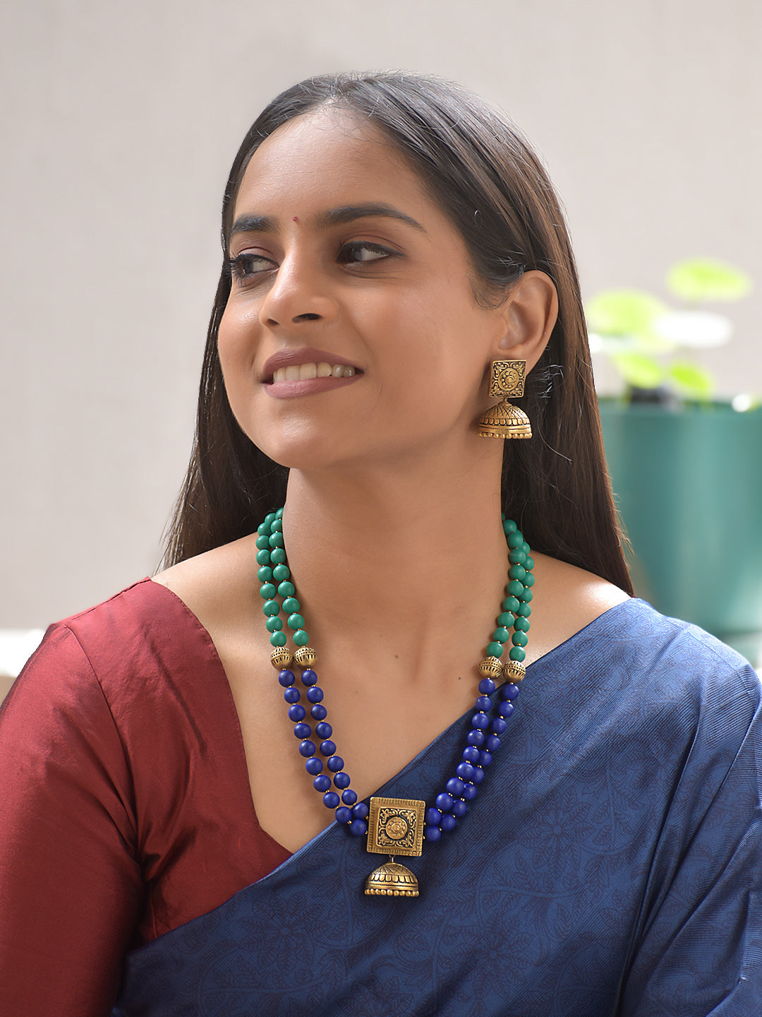 Terracotta Dual-Strand Green & Blue Bead Necklace with Antique Jhumka Pendant
