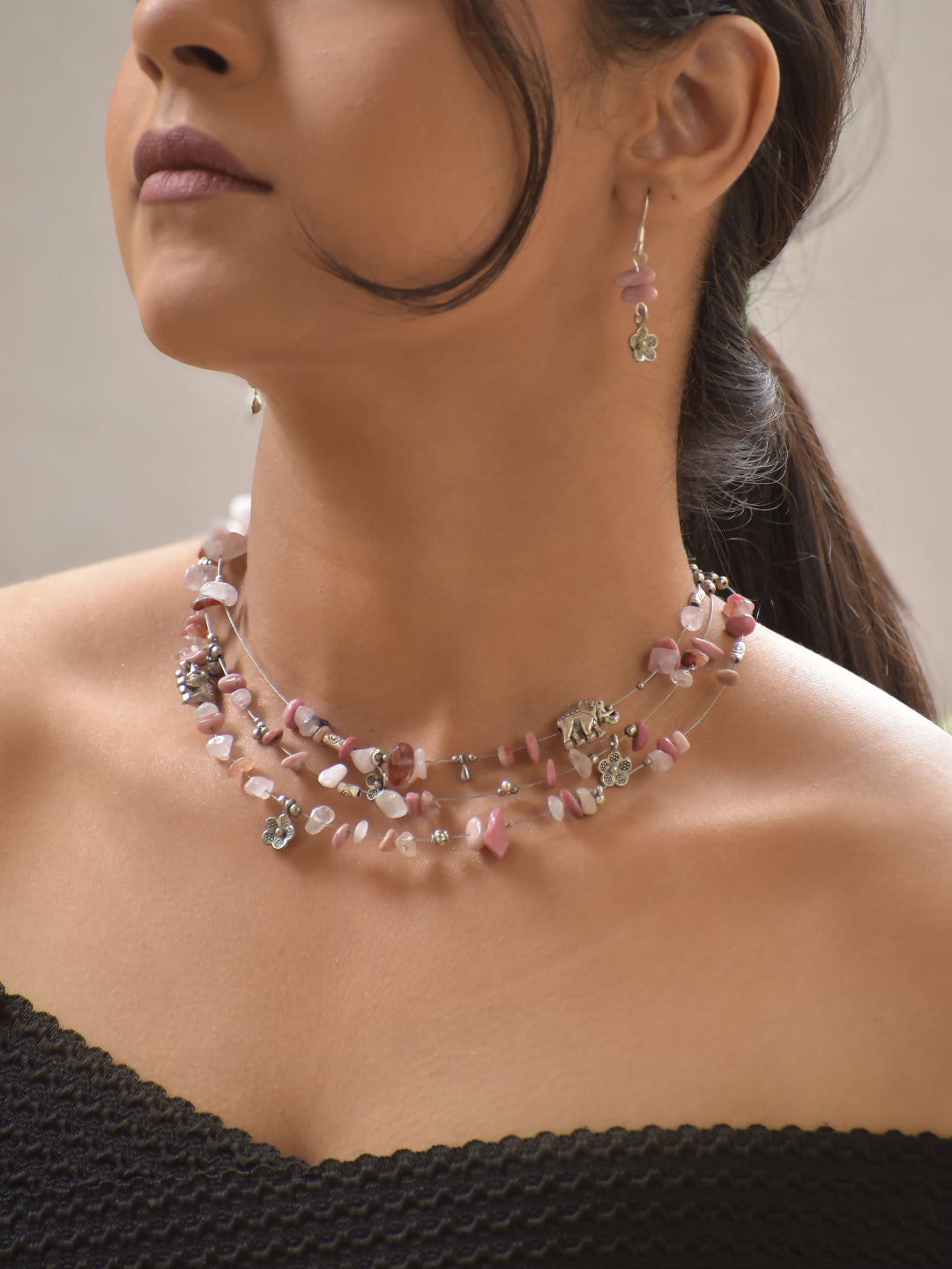 Rosélia – Pink Rose Quartz & Agate Gemstone Necklace with German Silver Motifs
