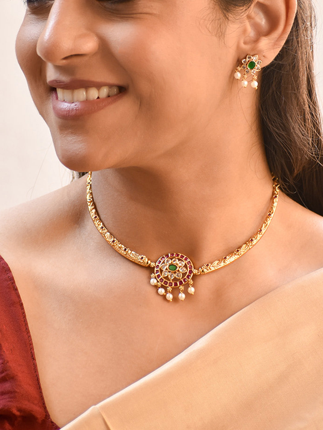 Premium Gold Finish Handcrafted Necklace Set in Ruby, Emerald, Kundan and Pearls Drops