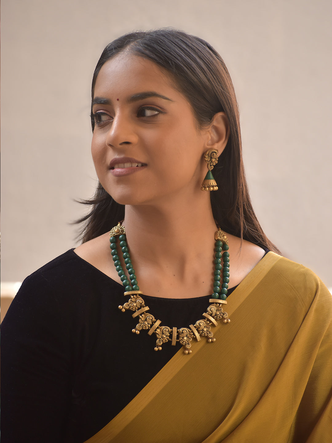 Hemangika – Terracotta Temple Necklace Set with Dual Green Bead Strands and Antique Peacock Motifs