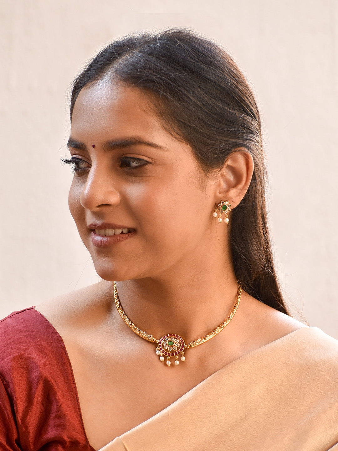 Premium Gold Finish Handcrafted Necklace Set in Ruby, Emerald, Kundan and Pearls Drops