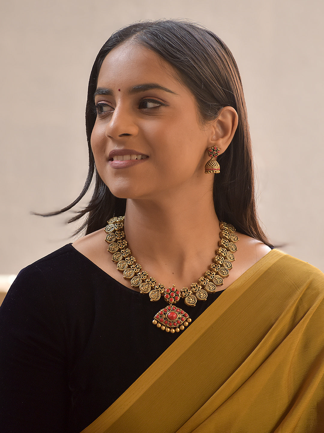 Raktima – Handmade Terracotta Antique Gold Necklace Set with Bold Red Stones and Temple Motif Earrings