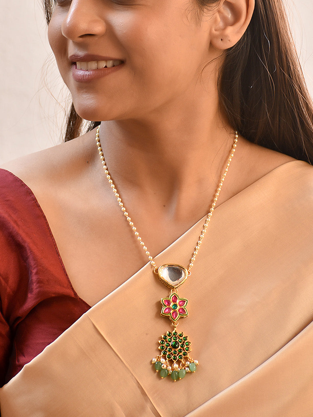 Premium Kundan Celebrity Style Chain in Handcrafted Kundan Pendant Necklace with Floral Motifs & Pearl Chain