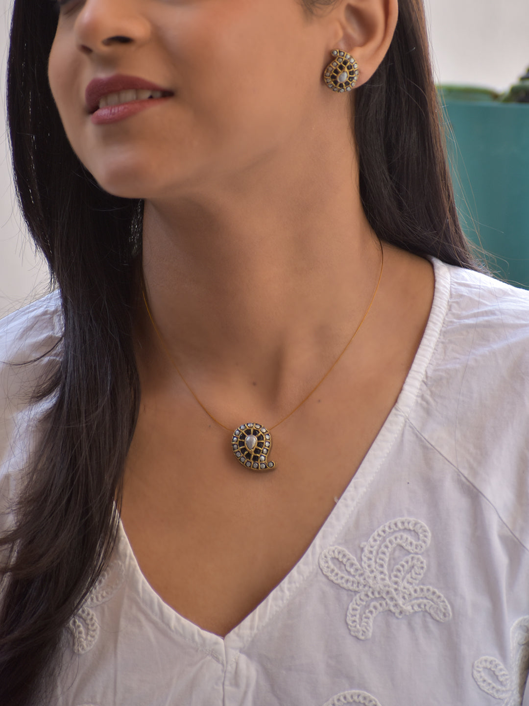 Terracotta Paisley Pendant Necklace with Matching Stud Earrings