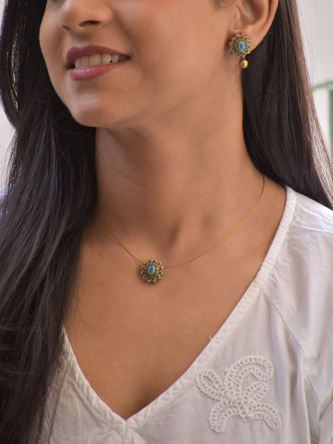 Terracotta Floral Sunburst Pendant Necklace with Matching Drop Earrings