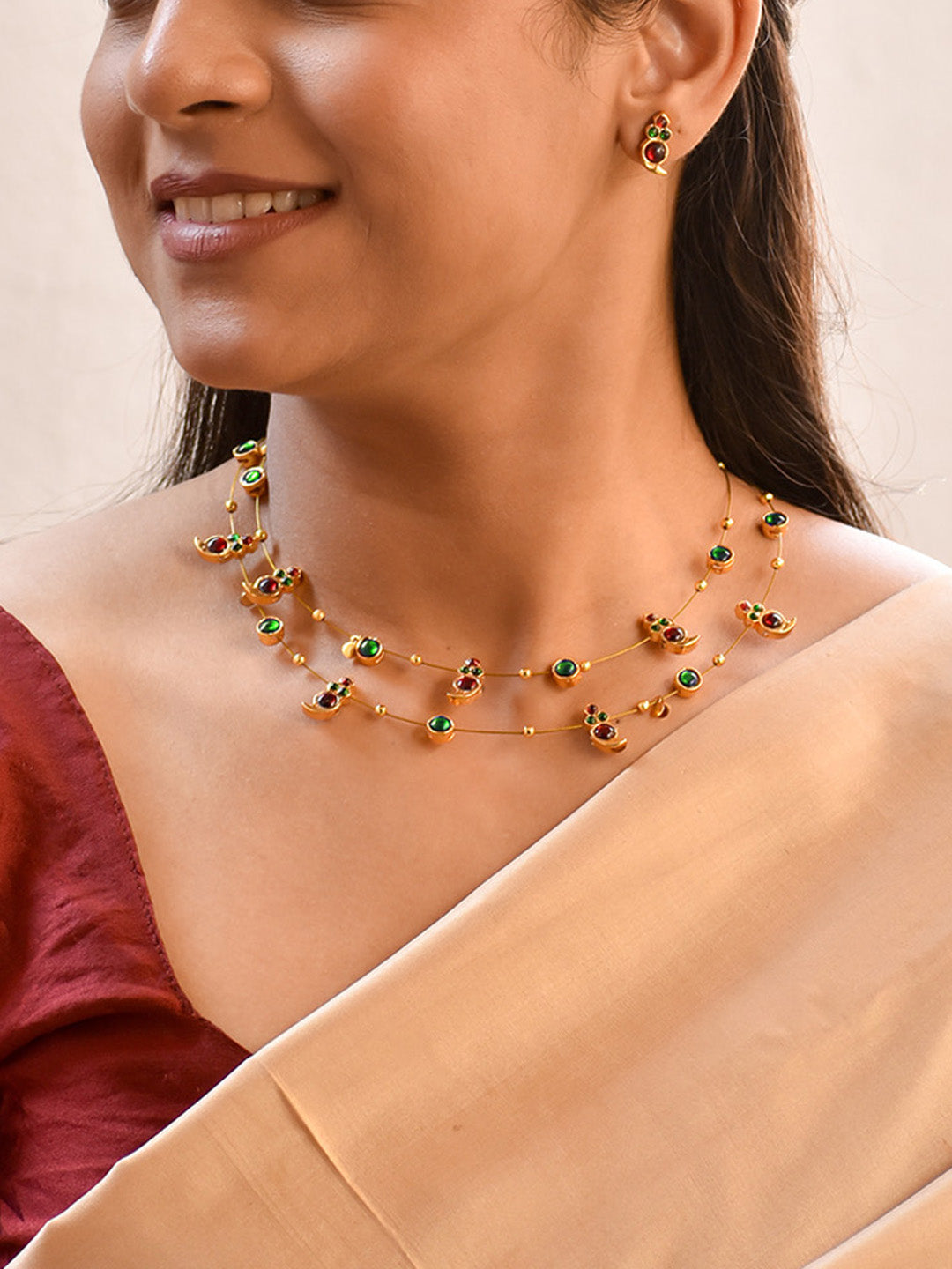 Premium Handcrafted 2 Layered Kemp Mango Necklace Set in Green & Red Kemp Stones