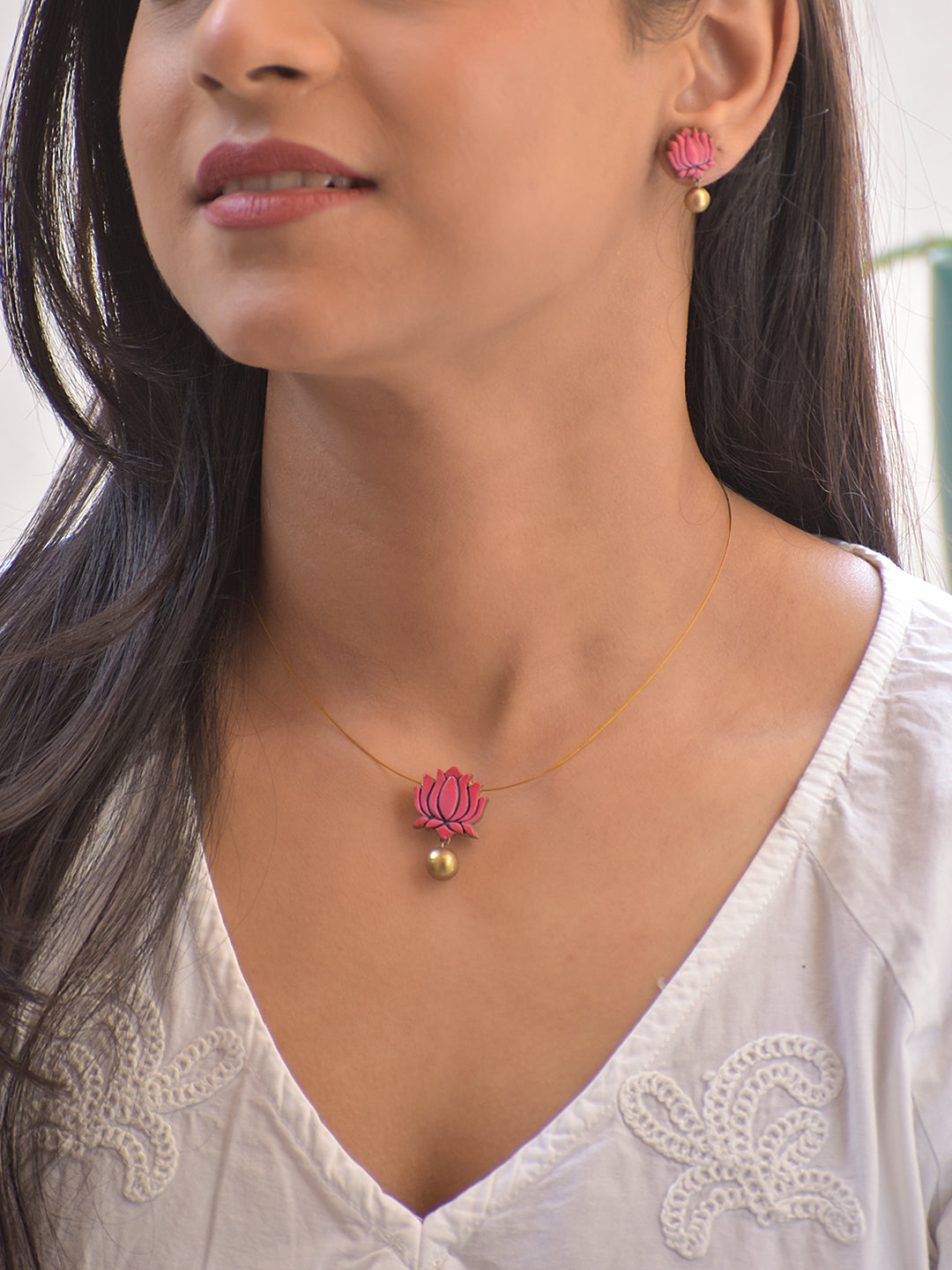 Terracotta Pink Lotus Pendant Necklace with Matching Stud Earrings