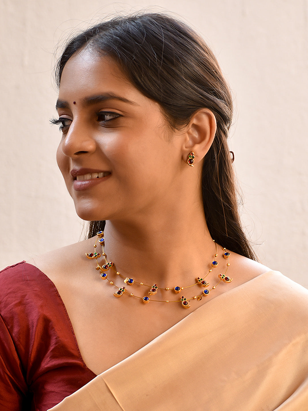 Premium Handcrafted Kemp Mango Stones 2 Layered Necklace Set in Ruby, Green & Sapphire Blue Multicolor Stones