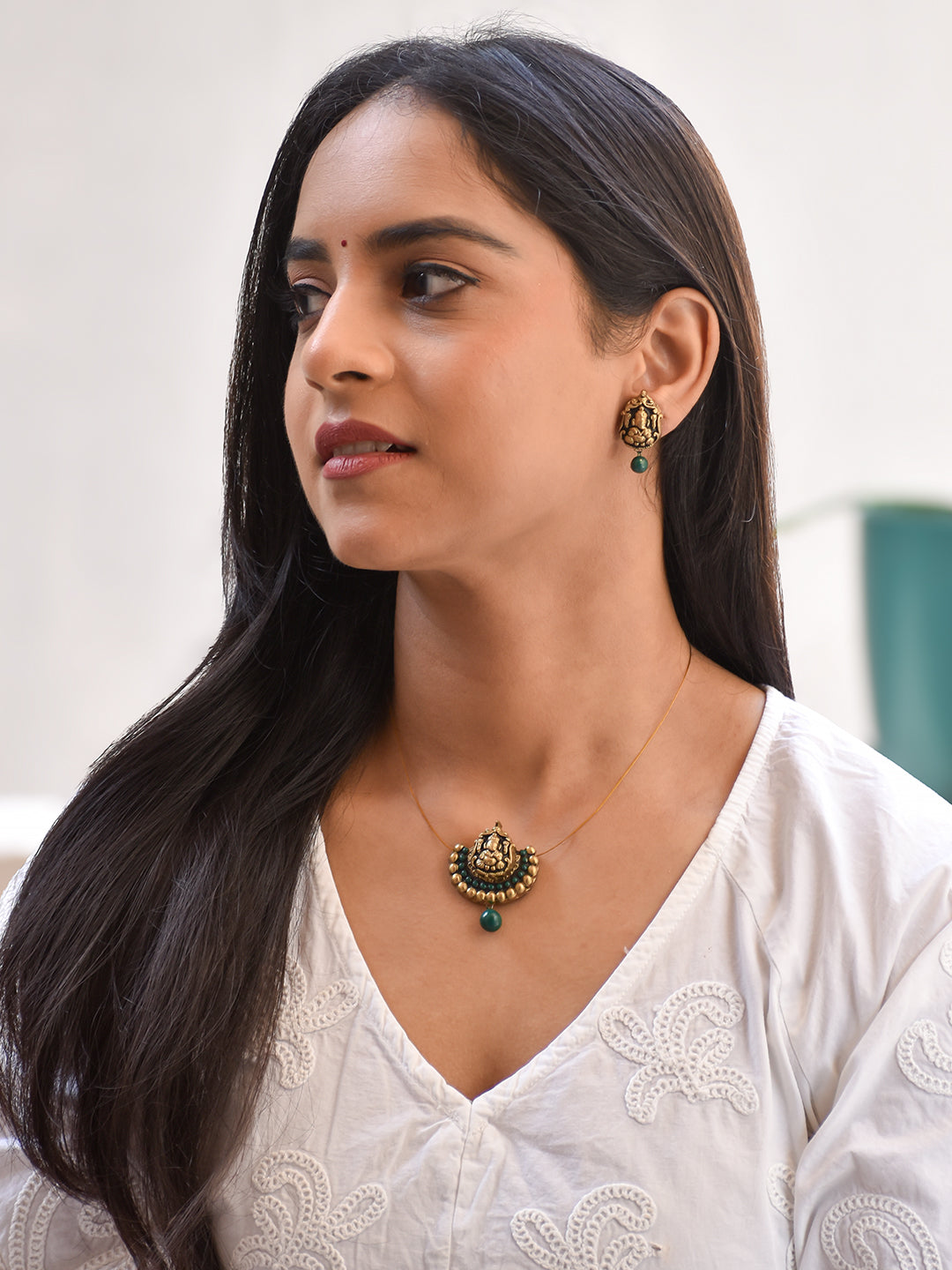 Terracotta Temple Pendant Necklace with Green Bead Drop & Matching Stud Earrings