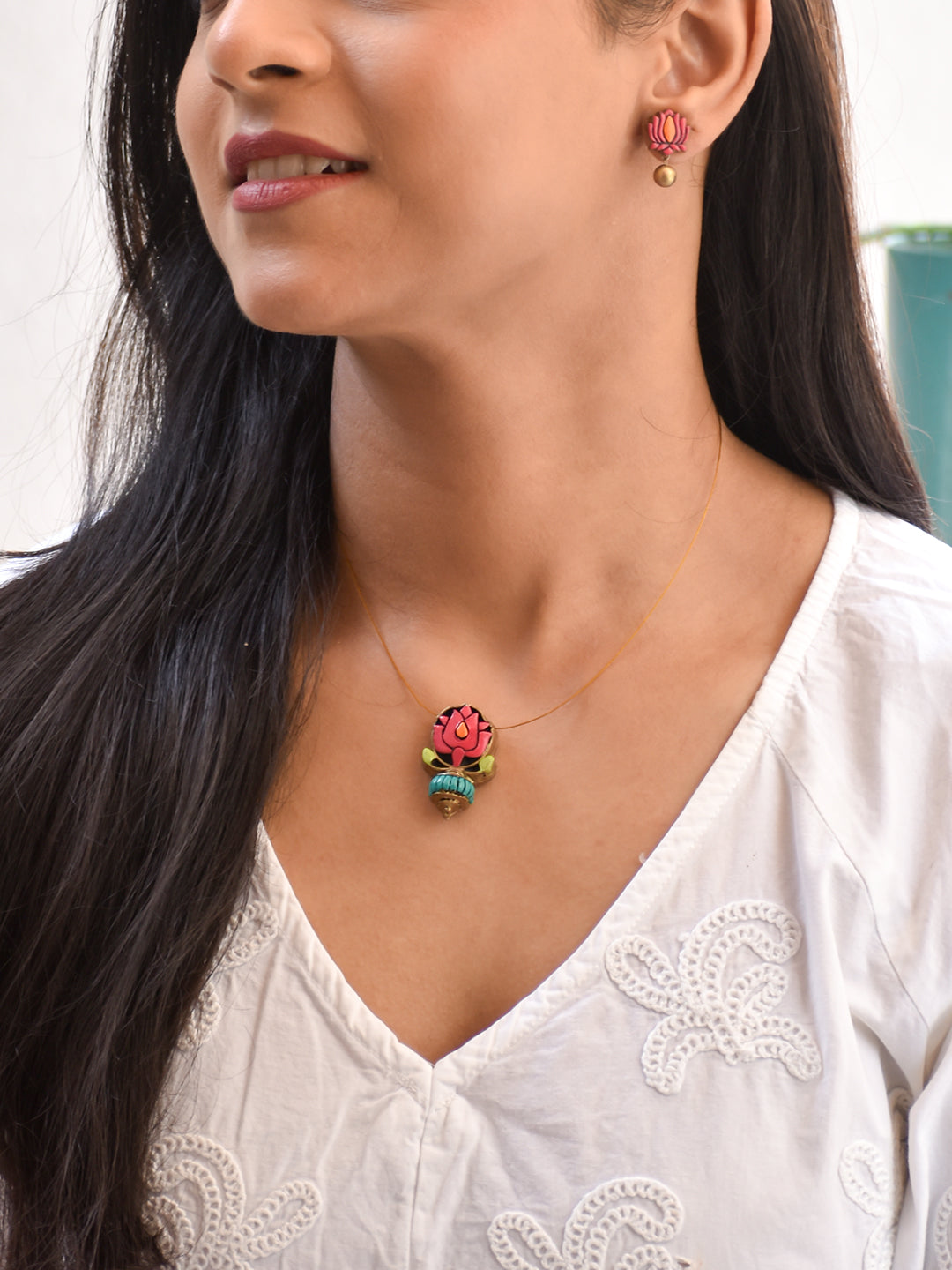 Terracotta Pink Lotus Pendant Necklace with Green Bead Drop & Matching Stud Earrings