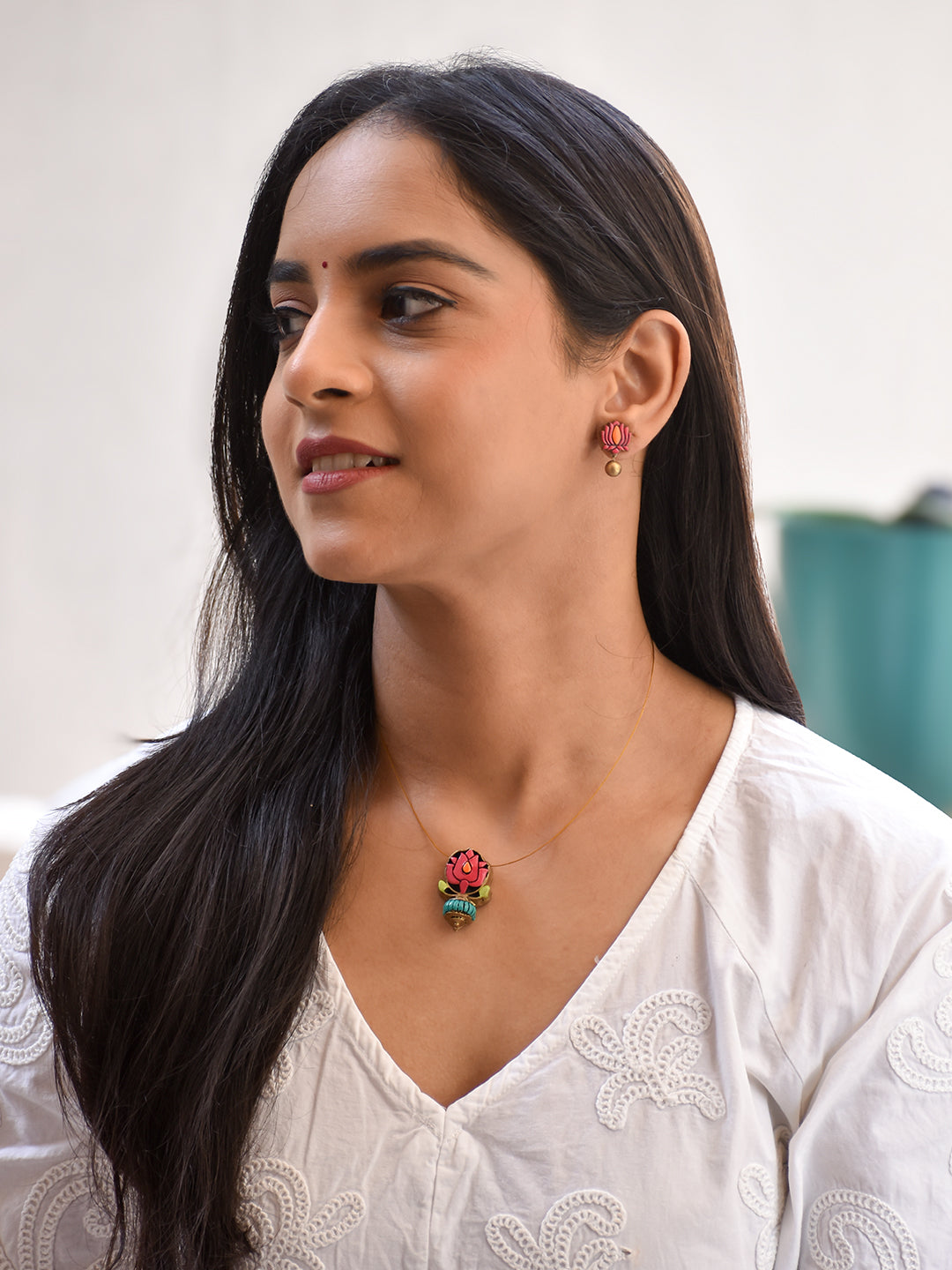 Terracotta Pink Lotus Pendant Necklace with Green Bead Drop & Matching Stud Earrings