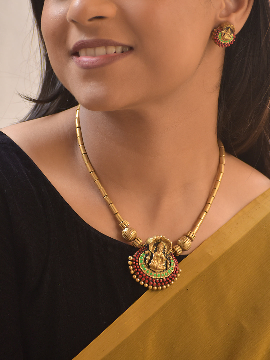 Shubhalakshmi – Handmade Terracotta Lakshmi Necklace Set with Red–Green Detailing and Antique Gold Beads