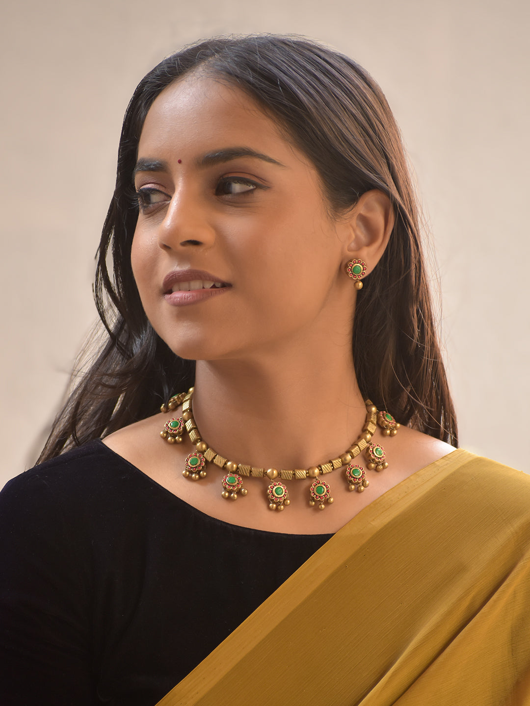 Haripushpa – Handmade Terracotta Floral Necklace Set with Green Center Stones, Pink Petals & Antique Gold Bead Drops