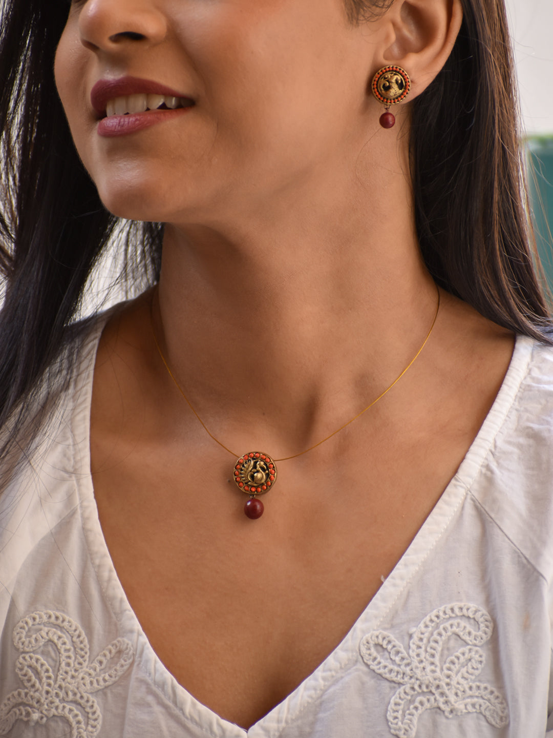 Terracotta Antique Coin Motif Pendant Necklace with Pink Bead Drop & Matching Stud Earrings