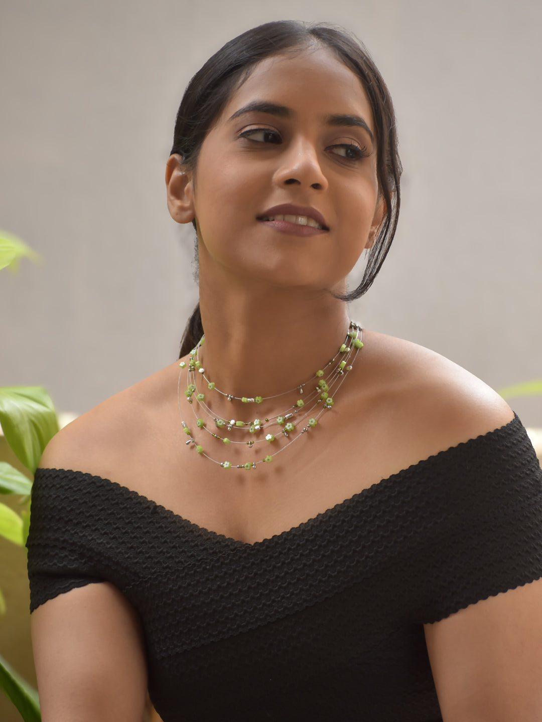 VerduraBloom – Green Floral Beaded Multi-Layer Necklace with German Silver Accents