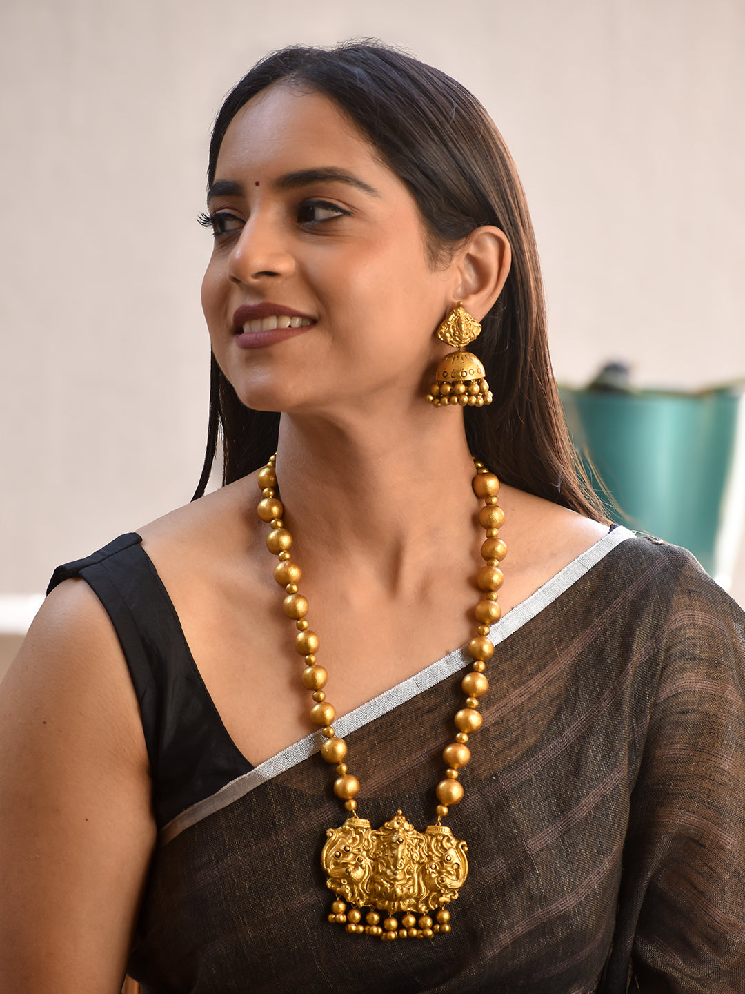 Terracotta Antique Gold Ganesha Temple Necklace with Round Bead Chain & Jhumka Earrings