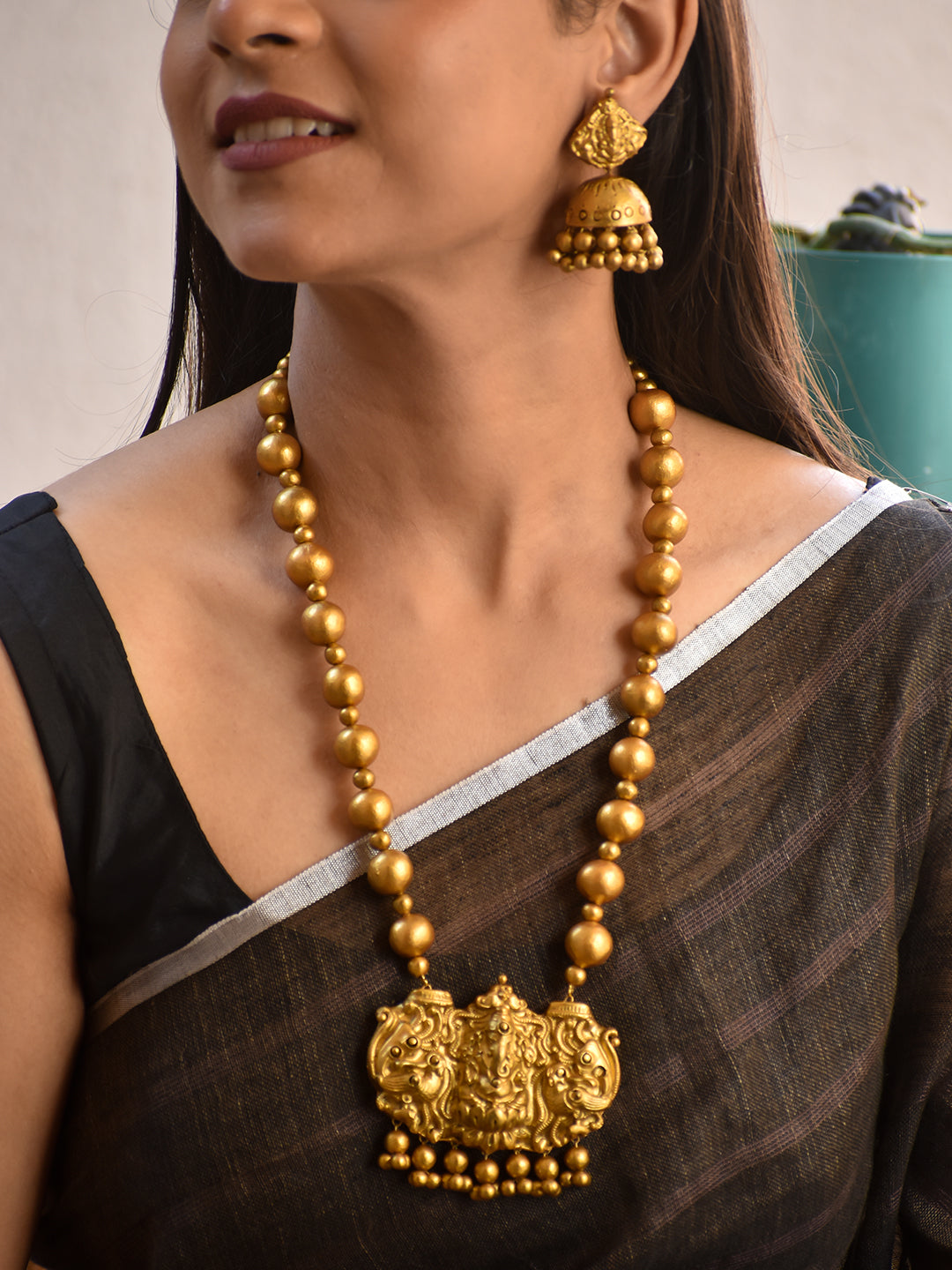 Terracotta Antique Gold Ganesha Temple Necklace with Round Bead Chain & Jhumka Earrings