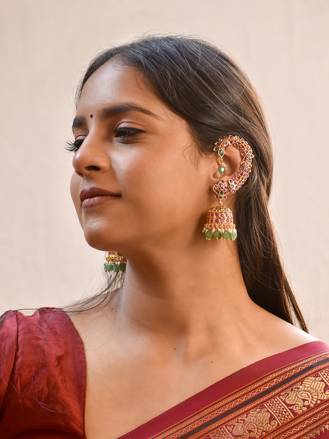 Celebrity Favorite Earcuffs Premium Gemstones Peacock Design Ear Cuffs in Onyx Green Pink Gemstones