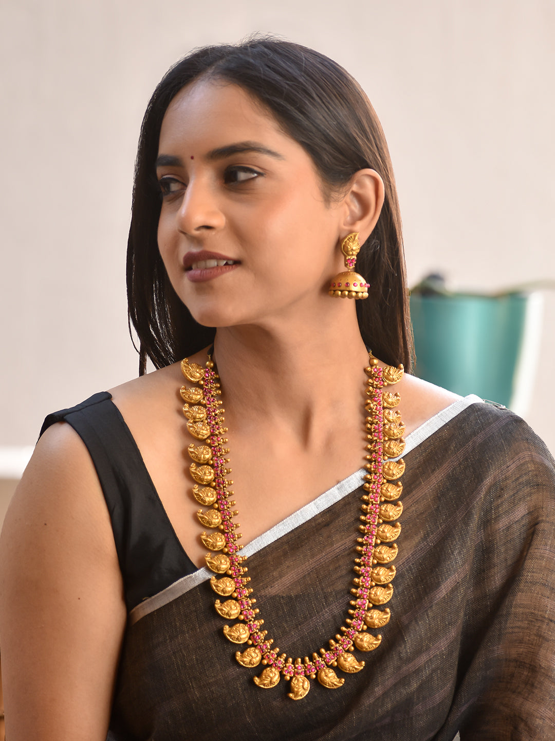 Terracotta Antique Gold Mango Motif Long Haram Necklace with Pink Stone Detailing & Jhumka Earrings