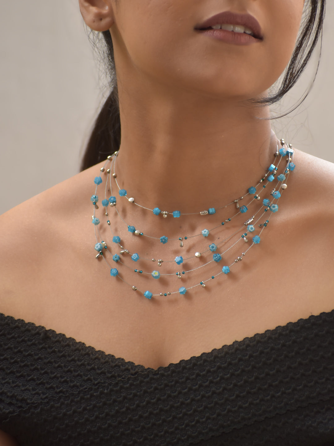 AzureBloom – Multi-Layer Blue Floral Beaded Necklace Set with German Silver Accents, Boho Chic Statement Jewelry