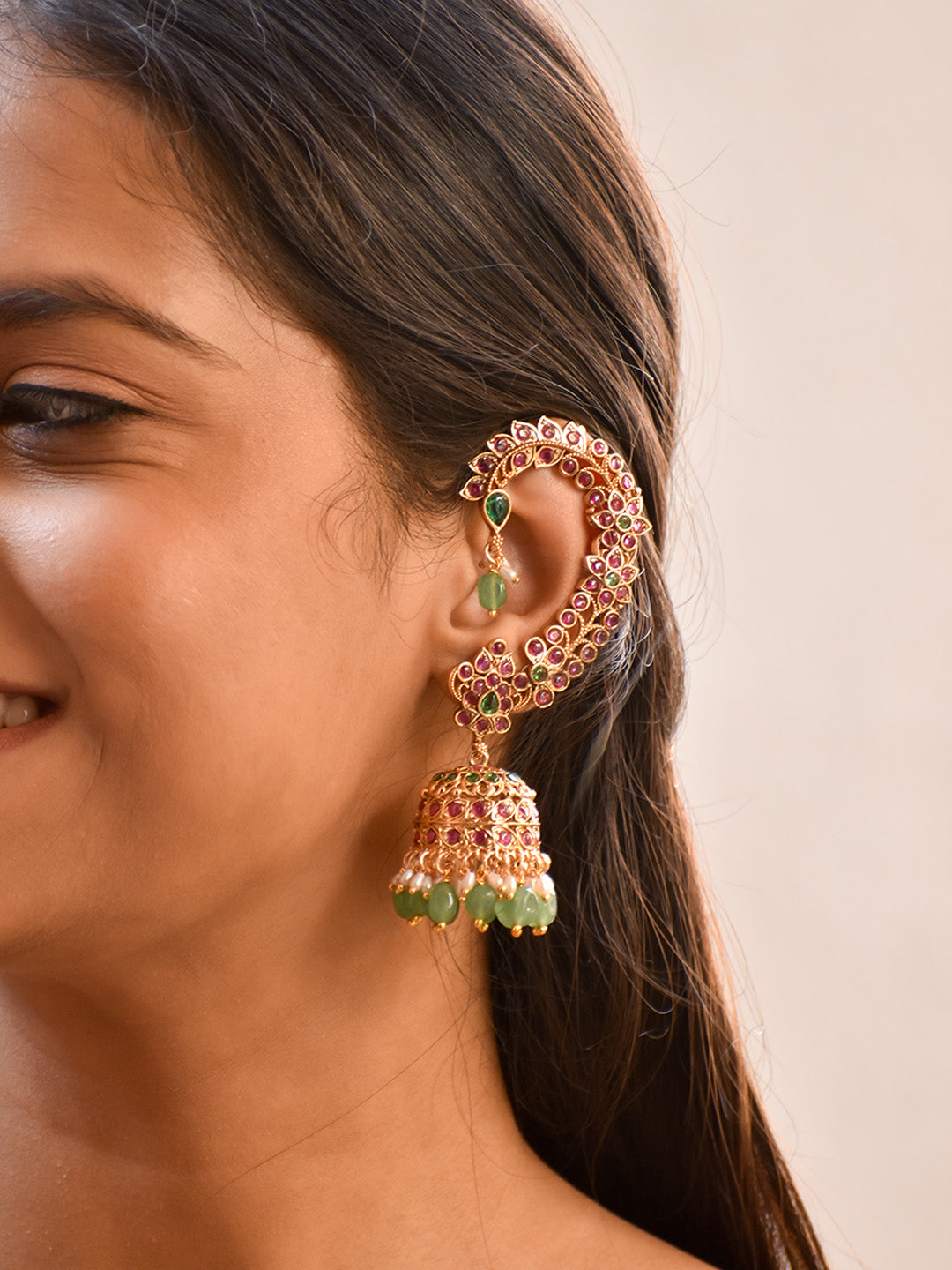 Celebrity Favorite Earcuffs Premium Gemstones Peacock Design Ear Cuffs in Onyx Green Pink Gemstones