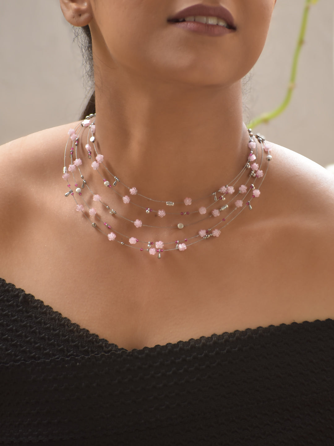 Primavera - Pink Floral Beaded Multi-Layer Necklaces with German Silver Accents