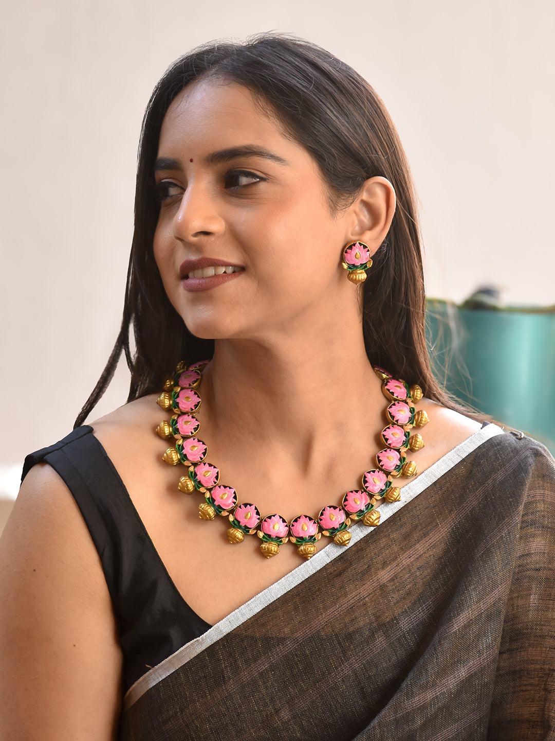 Terracotta Pink Lotus Floral Necklace with Green Leaf Detailing & Jhumka Drops