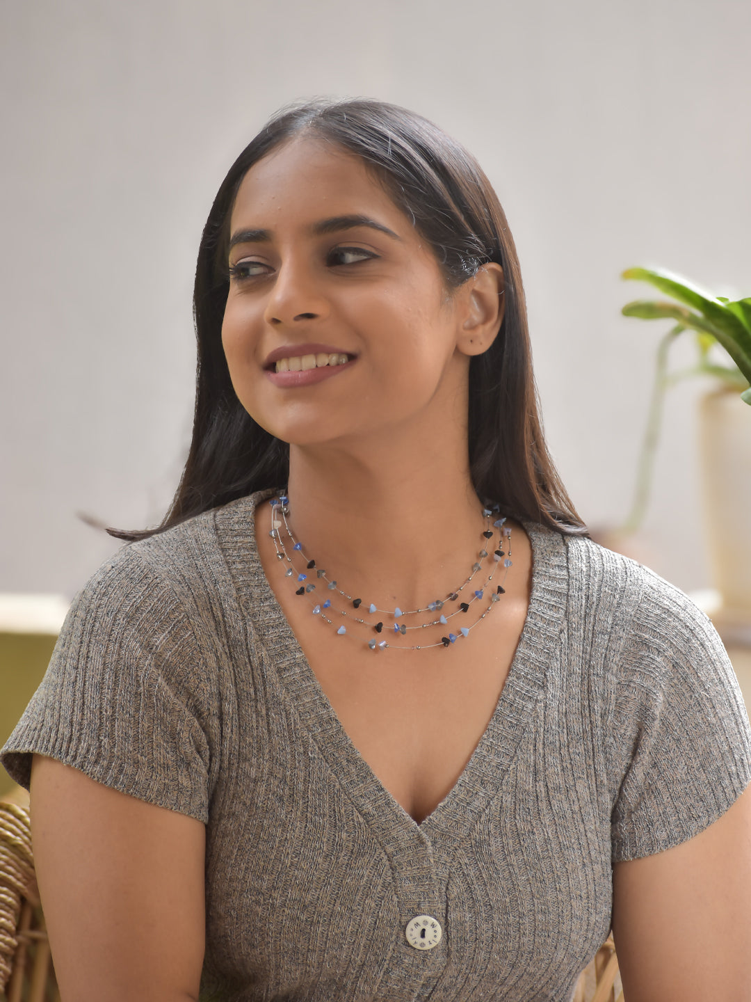 MystiLoom – Blue Black Agate Layered Necklace with German Silver Accent