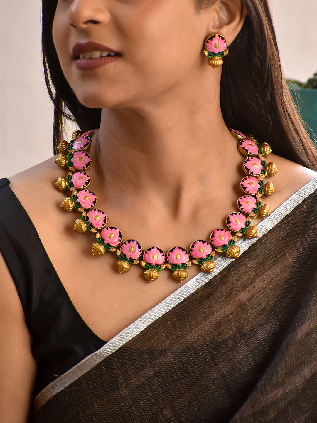 Terracotta Pink Lotus Floral Necklace with Green Leaf Detailing & Jhumka Drops