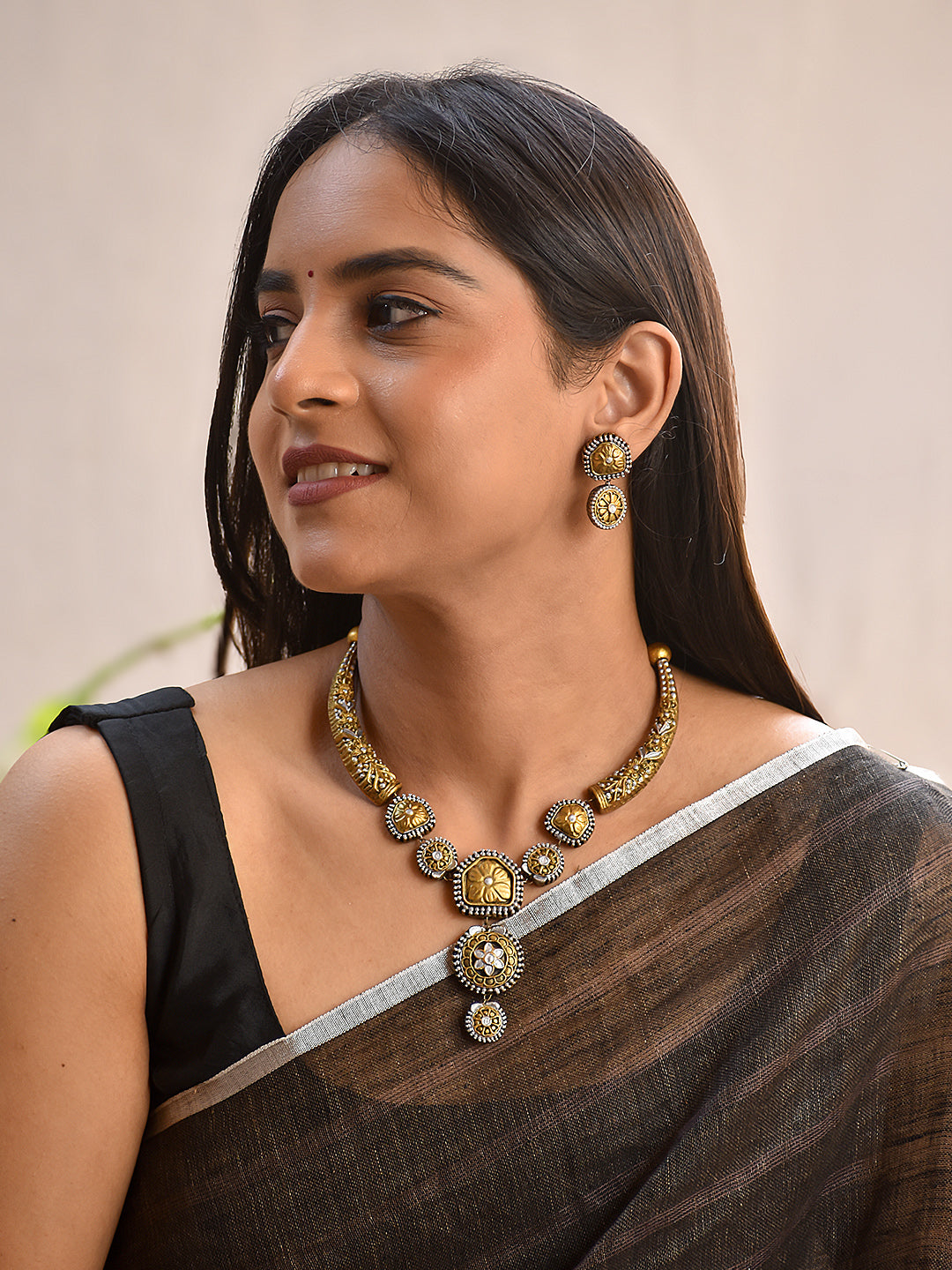 Terracotta Antique Gold Floral Drop Choker with Dual-Tone Beaded Detailing & Matching Earrings