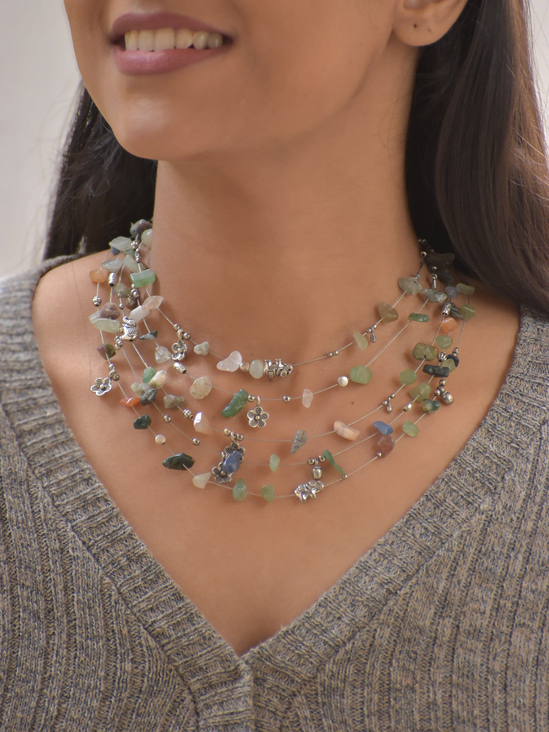 AureVista – Multi-Layer Multi-Color Agate Stone Necklace with German Silver Motifs