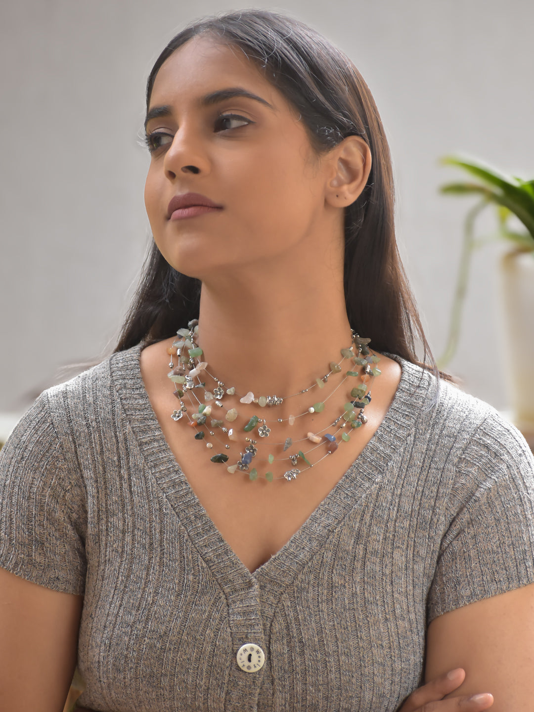 AureVista – Multi-Layer Multi-Color Agate Stone Necklace with German Silver Motifs