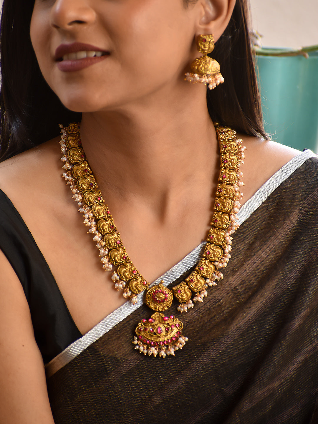 Terracotta Antique Gold Temple Coin Necklace with Pearl Drops & Jhumka Earrings