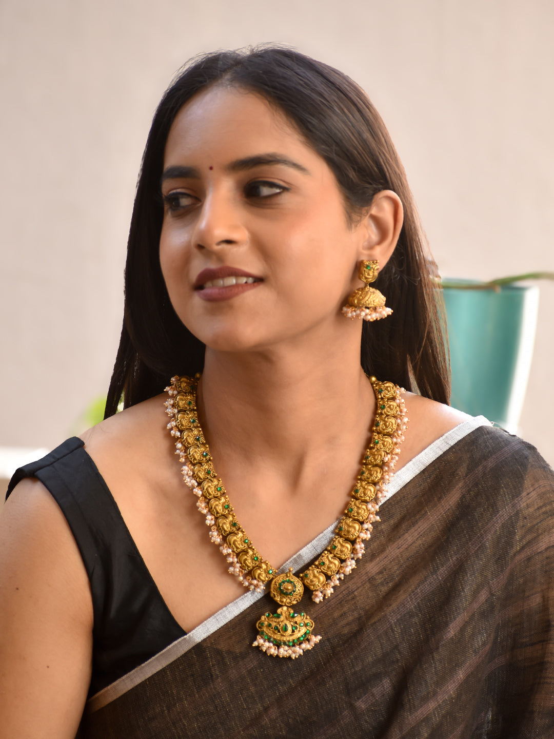 Terracotta Antique Gold Temple Coin Necklace with Green Stone Detailing & Pearl Drops